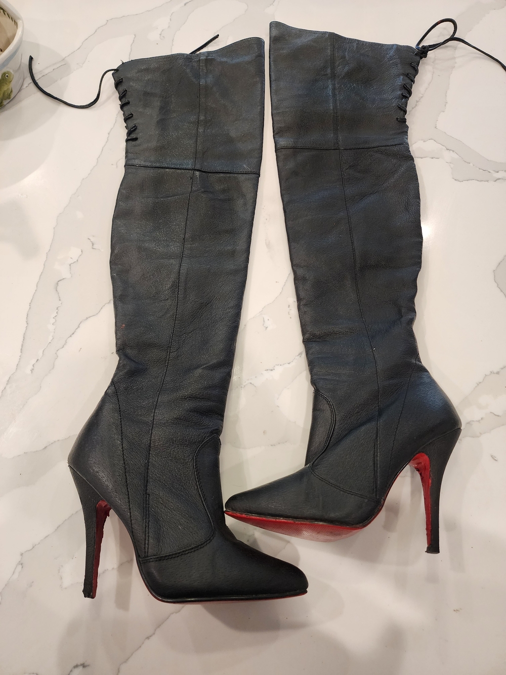 Pleaser Black Leather Thigh-High Stiletto Boots - Women's 6